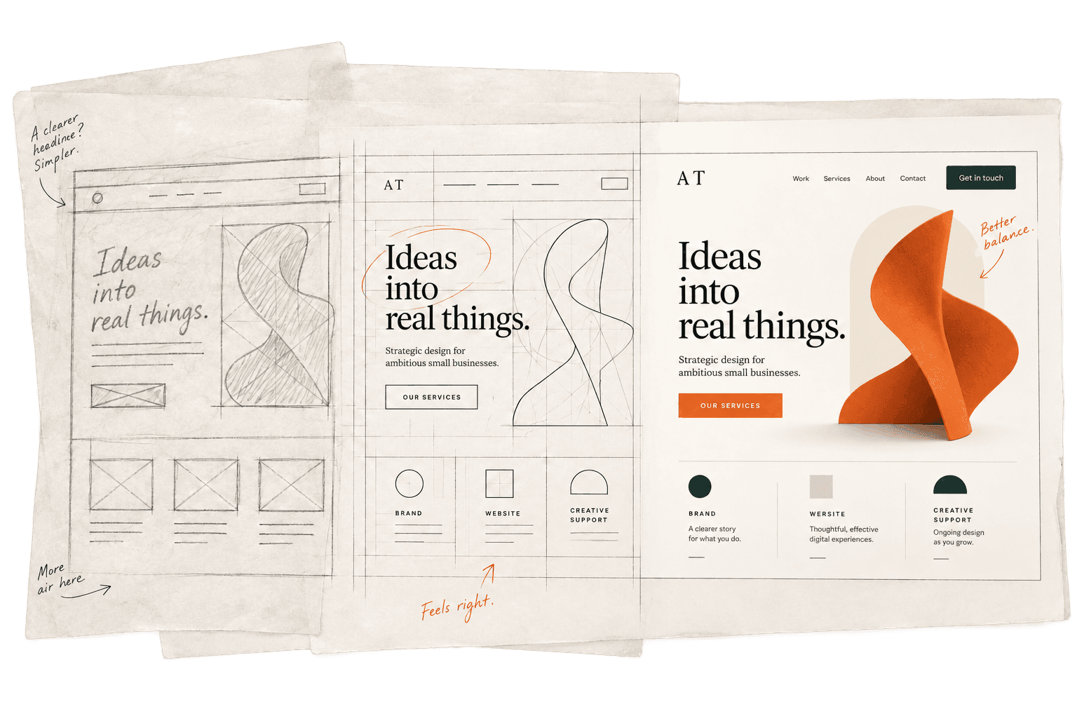 A pencil wireframe, a refined design, and a finished website arranged on three paper sheets.