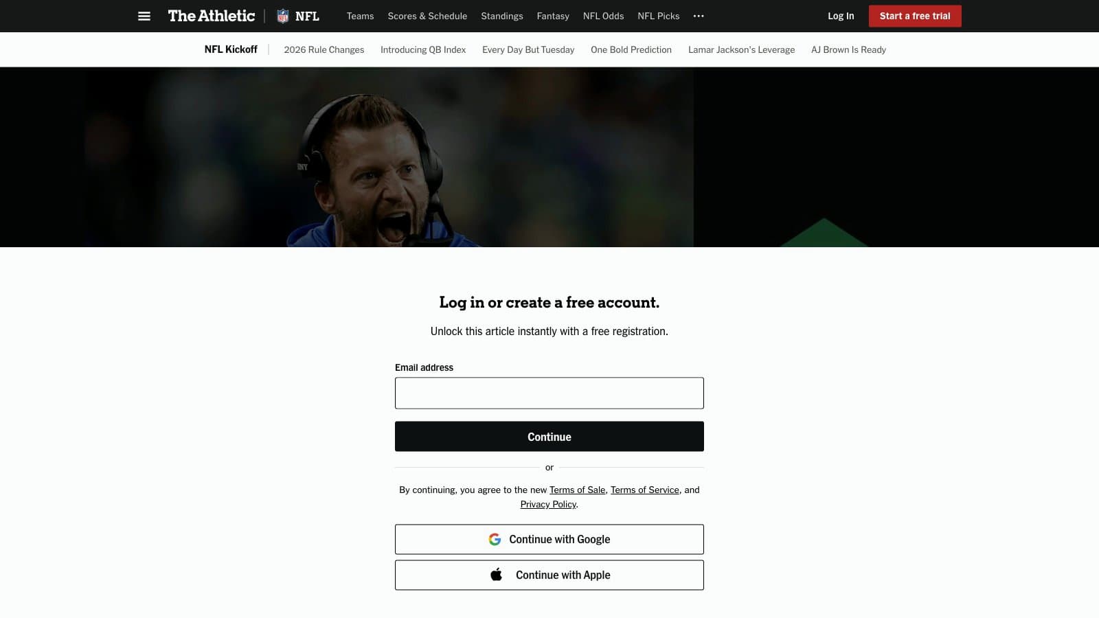 The Athletic article registration wall asking the reader to log in or create a free account