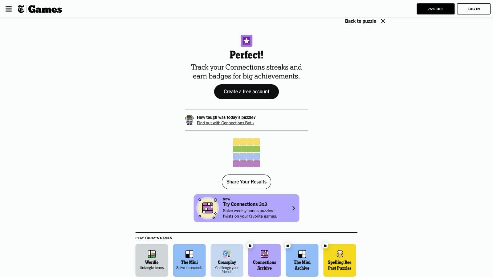 The Connections end screen with the create-a-free-account action shown to anonymous players