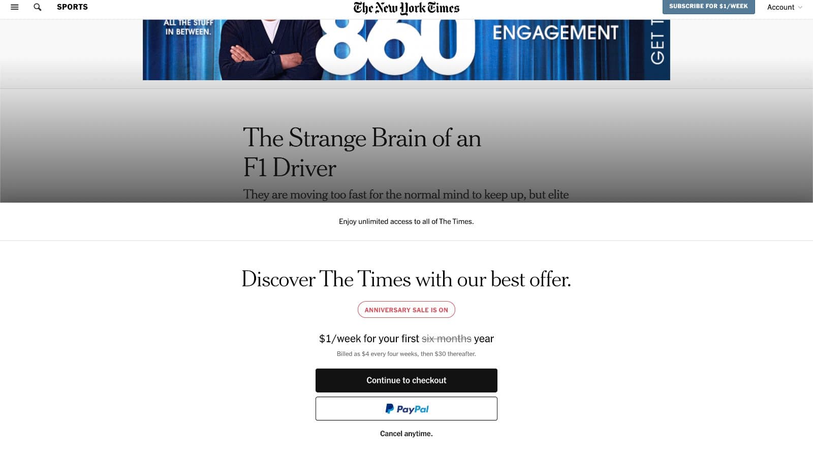 The New York Times article paywall with its subscription offer