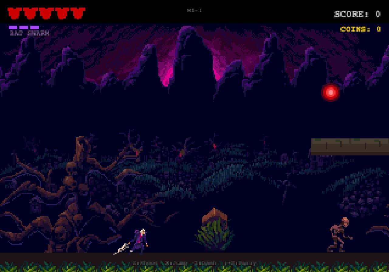The full game screen in Count Tongula’s Revenge, with the player, graveyard and health display visible