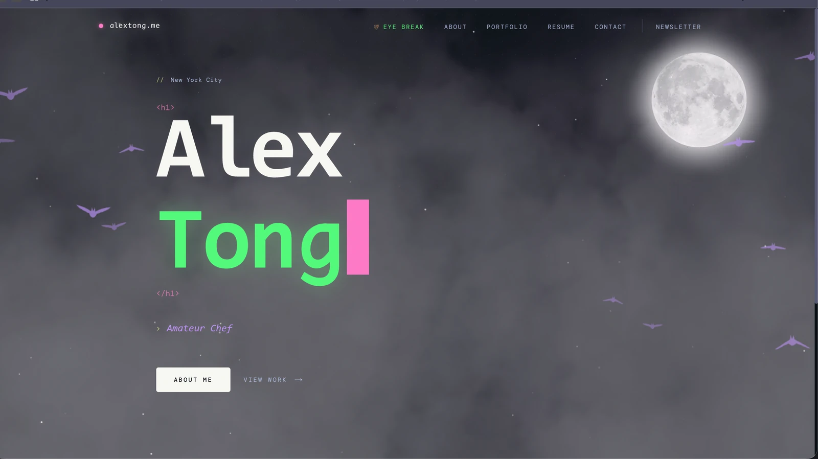 The March portfolio: a large code-style Alex Tong heading, purple night sky, fog, and a glowing moon.