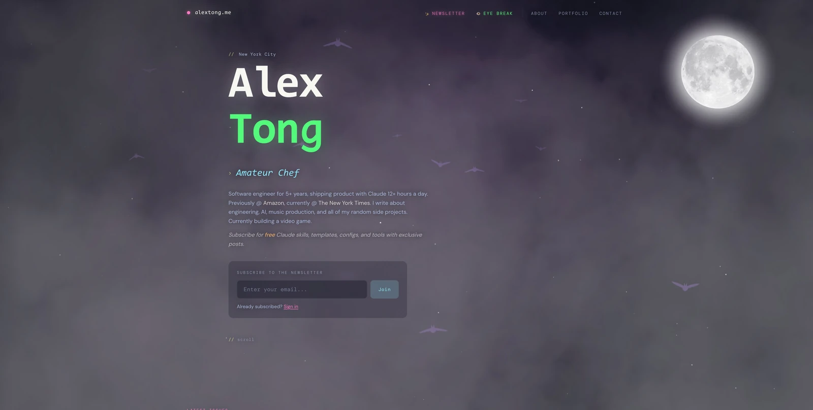 The April homepage with code-style typography, a personal introduction, and a prominent newsletter signup in the moonlit layout.