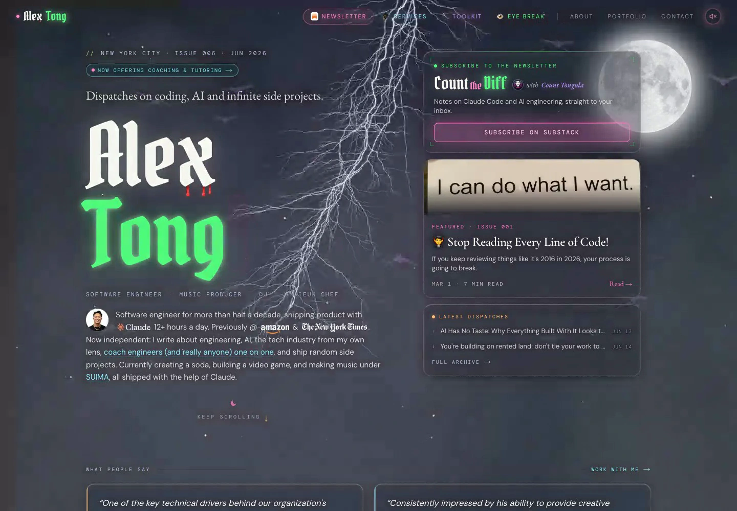 A branching lightning bolt over the gothic editorial homepage, with its dramatic wordmark, glass panels, featured story, and moonlit backdrop.