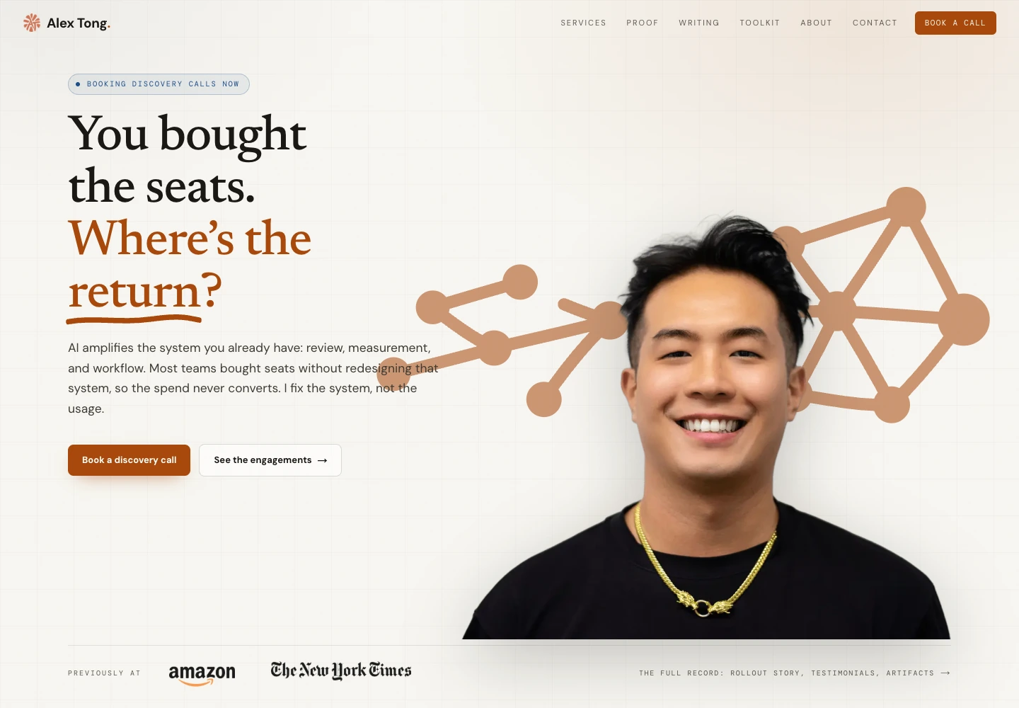 The July professional homepage, using warm paper, amber accents, editorial type, and a services-focused layout.