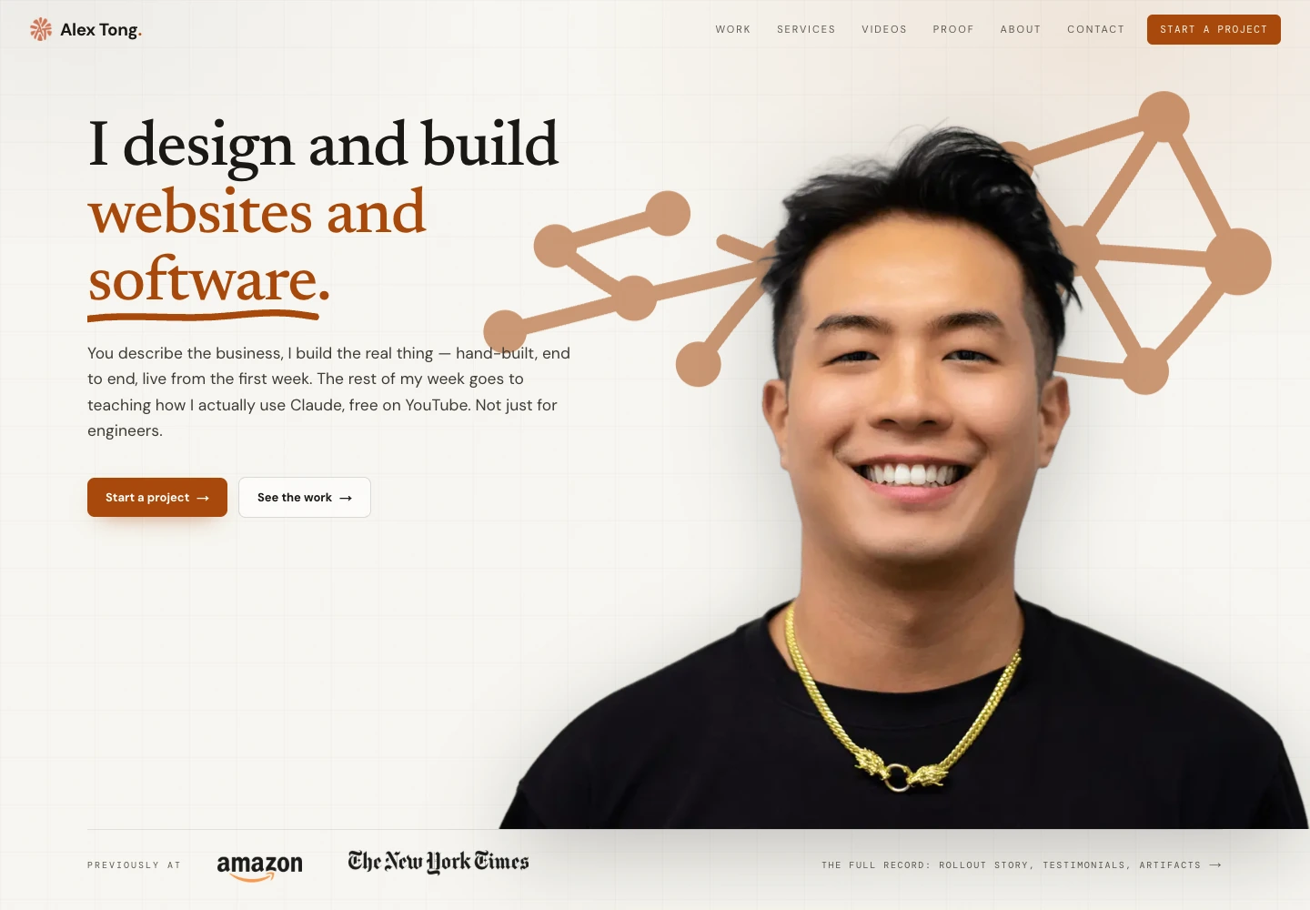 The August homepage with a portrait and node graphic, a build-focused headline, and client work brought forward.