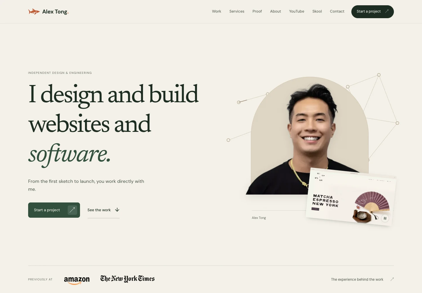 The September portfolio with ivory and forest-green styling, the shark mark, an arched portrait, and a floating Mostly Mellow project preview.