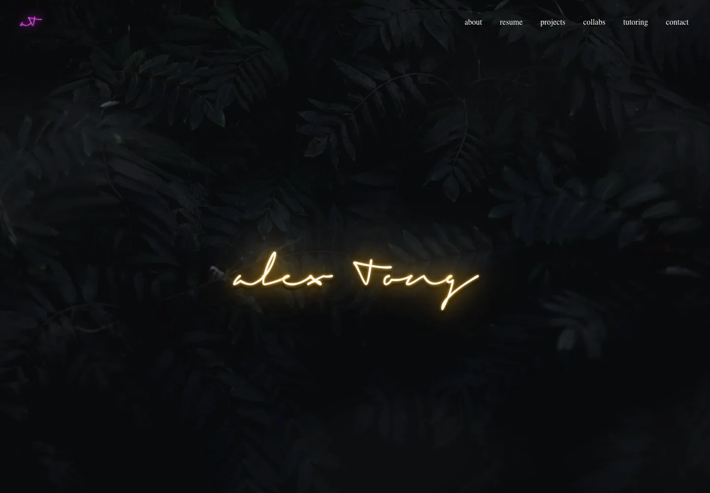 The Squarespace homepage: a handwritten alex Tong signature glowing yellow over dark foliage, with a small pink script monogram and a serif menu.