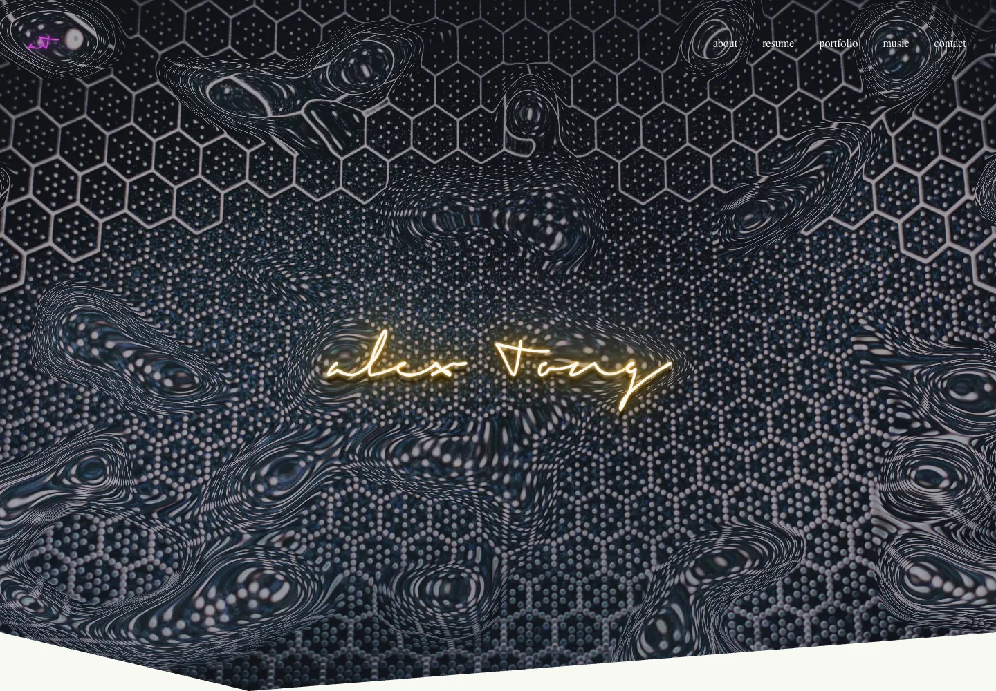 The later Squarespace homepage: the same glowing signature over a warped chrome honeycomb texture, with menu links for about, resume, portfolio, and music.